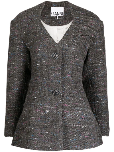 Ganni Fitted Wool-blend Blazer In Gray
