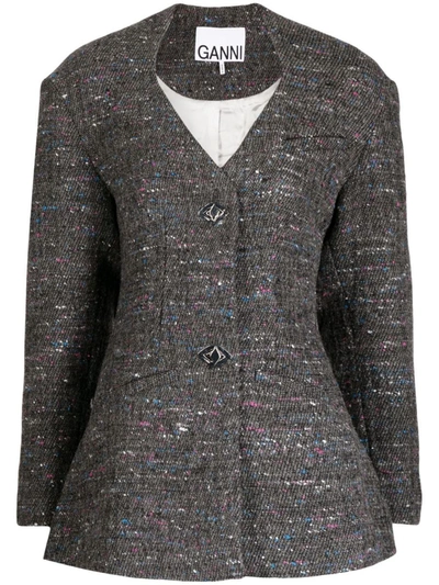 Ganni Fitted Wool Blazer In Gray