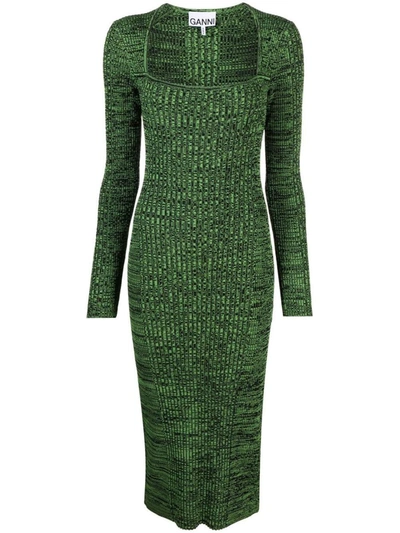 Ganni Ribbed Square-neck Midi Dress In Green