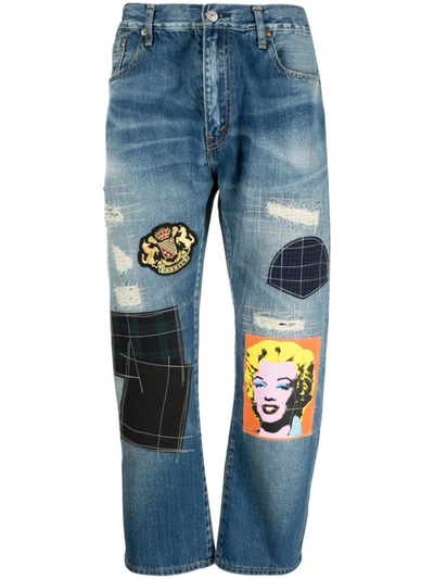 Junya Watanabe Mens Indigo Man X Roy Lichtenstein Graphic-patch Cropped Jeans In Blue