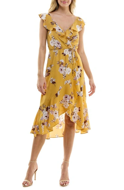 Socialite Ruffle Print Wrap Midi Dress In Yellow ModeSens