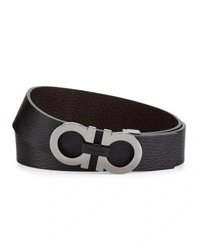 Ferragamo Reversible Embossed Gancini Leather Belt In Deep Ocean Nero