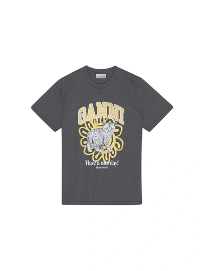 Ganni Short Sleeve Relaxed Cat T-shirt In Grey