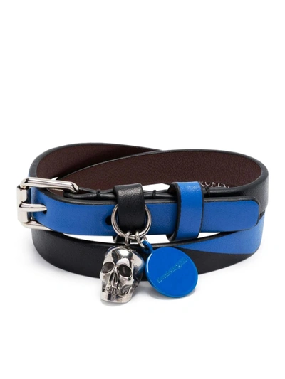 Alexander Mcqueen Double-wrap Skull Leather And Brass Bracelet In Blue