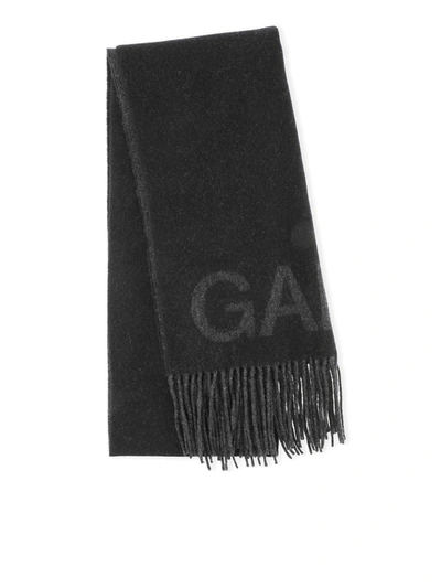 Ganni Fringed Wool Scarf In Black
