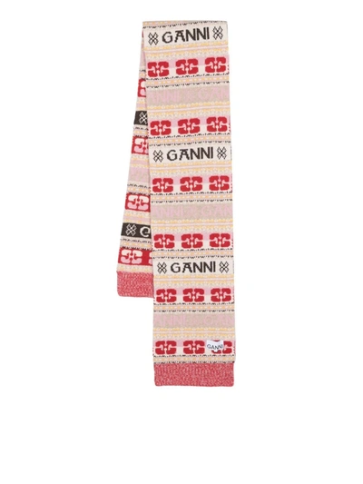 Ganni Logo-intarsia Knitted Scarf In Red