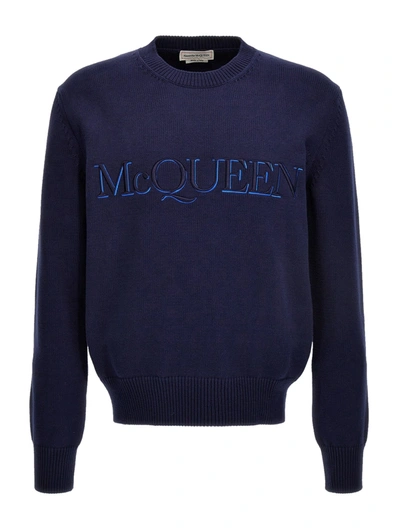 Alexander Mcqueen Logo-embroidered Cotton Jumper In Blue