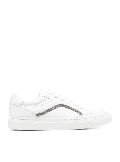 Brunello Cucinelli Women's Monili-beaded Leather Low-top Sneakers In Bianco