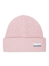 Ganni Light Pink Fitted Rib Knit Wool Beanie In Pink & Purple
