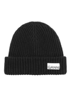 Ganni Black Oversize Ribbed Beanie In Black