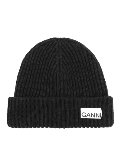 Ganni Wool Beanie In Black