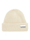 Ganni Logo-patch Ribbed-knit Beanie In Nude & Neutrals
