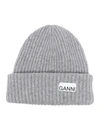 Ganni Rib-knit Beanie With Logo Patch In Gray