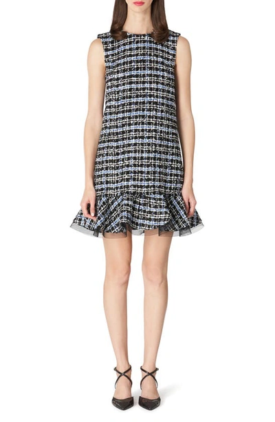 Carolina Herrera Check Tweed Ruffle-hem Sleeveless Mini Shift Dress In Bluebell Multi