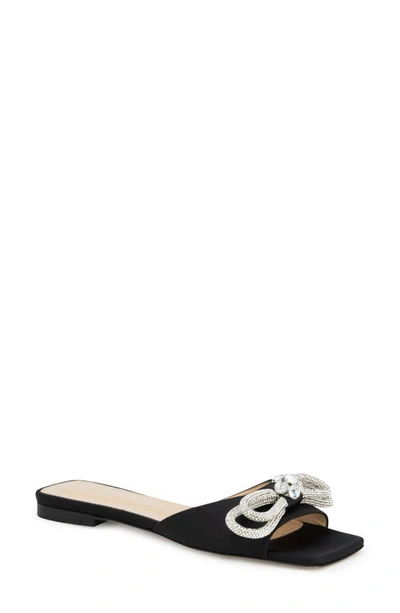 Mach & Mach Double Crystal Bow Square Toe Slide Sandal In Black