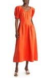 Ted Baker Opalz Puff-sleeved Linen-blend Midi Dress In Orange