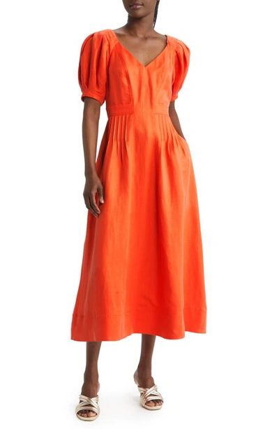 Ted Baker Opalz Puff-sleeved Linen-blend Midi Dress In Orange