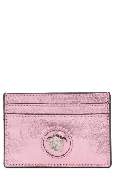 Versace La Medusa Colorblock Leather Card Case In Baby Pink / Gold
