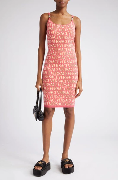 Versace Allover Logo-print Knitted Dress In Pink