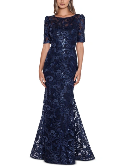 Xscape Womens Sequined Mesh Evening Dress In Blue
