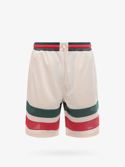 Gucci Logo Embroidered Wed Striped Bermuda Shorts In Beige
