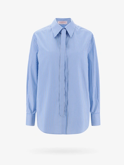 Valentino Stripe Neck-tie Cotton Collared Shirt In Blue