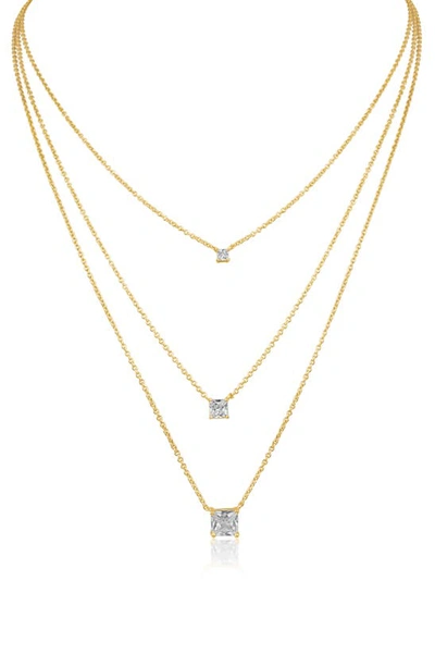 Cz By Kenneth Jay Lane Triple Layer Princess Cut Cz Necklace In Clear/ Gold