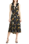 Kobi Halperin Ryan Floral Print Ruffle Tie Waist Midi Dress In Black Multi