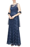 ALEX EVENINGS EMBROIDERED ILLUSION NECK GOWN WITH SHAWL