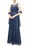 ALEX EVENINGS EMBROIDERED ILLUSION NECK EVENING GOWN WITH SHAWL