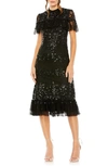 Mac Duggal Sequined High Neck Ruffled Flutter Sleeve Midi Dress In Black