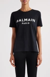 Balmain Black Crewneck T-shirt With Logo Print And Golden Buttons In Jersey Woman In Eab Black/ White
