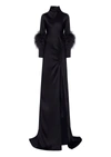 LAPOINTE SATIN BIAS FEATHER TAB GOWN WITH SLIT