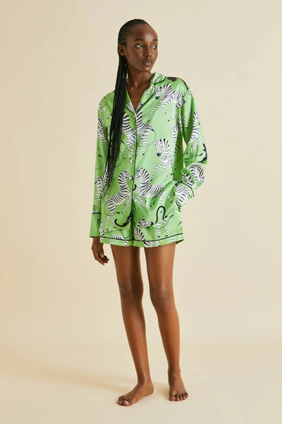 Olivia Von Halle Alba Deneuve Green Zebra Silk Satin Pyjamas