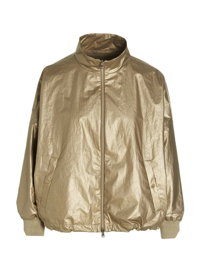 Herno Metallic Zipped Bomber Jacket In Brown