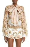 Zimmermann Chintz Embroidered Pussy-bow Floral-print Ramie Blouse In Pink Daisy Floral