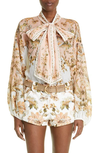 Zimmermann Chintz Floral Tie-neck Blouse In White