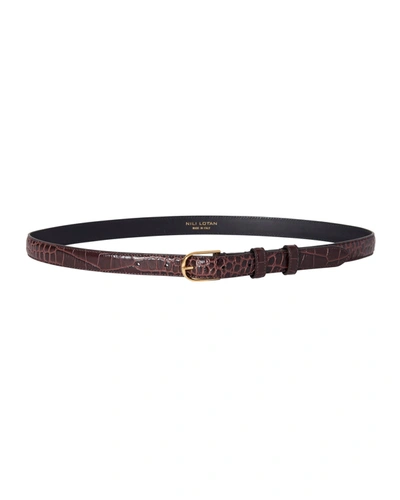 Nili Lotan Jane Aligator-embossed Leather Belt In Dark Brown W/shiny Brass Buckle