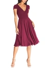 DRESS THE POPULATION COREY WOMENS V-NECK MIDI FIT & FLARE DRESS