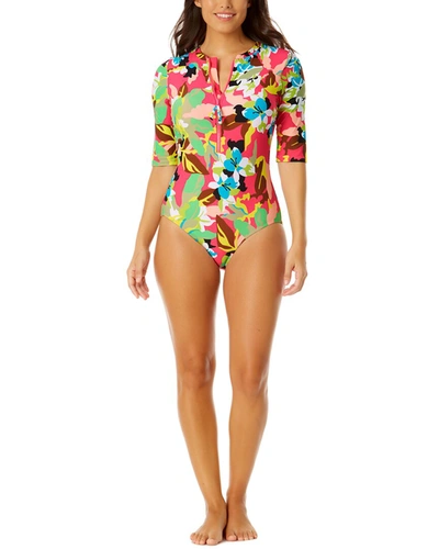 Anne Cole Half Sleeve Front Zip One-piece In Multi