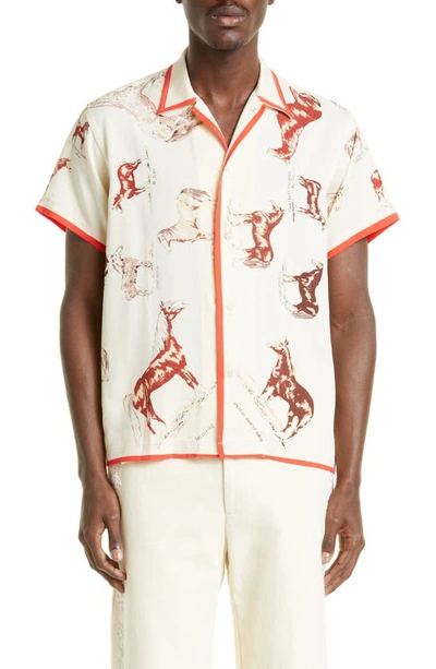 Bode Equine Short Sleeve Silk Button-up Camp Shirt In Neutrals