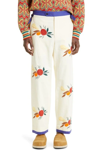 Bode Fruit Bunch Appliqué Cotton & Linen Trousers In Neutrals