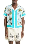 Bode Niagra Souvenir Short Sleeve Silk Button-up Camp Shirt In White Multi