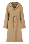 Marni Logo-patch Hooded Wool Cashmere Coat In Camel