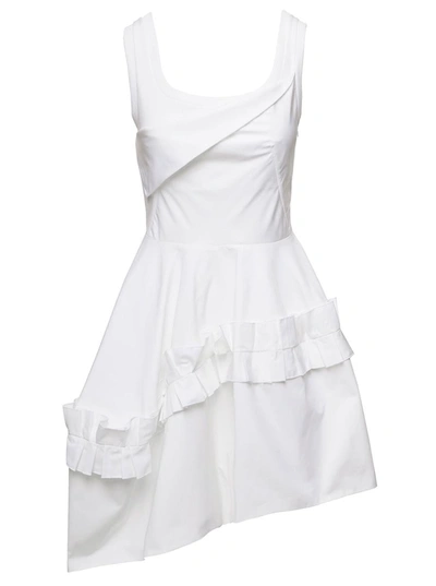 Alexander Mcqueen Mini White Asymmetric Dress With Oversize Ruche In Cotton Woman
