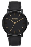Nixon Porter Round Leather Strap Watch, 40mm In All Black / Gold