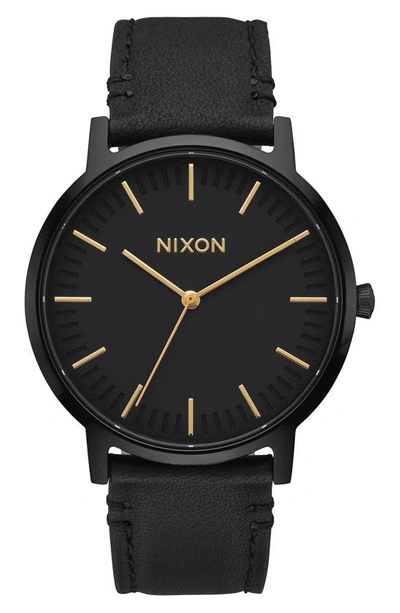 Nixon Porter Round Leather Strap Watch, 40mm In All Black / Gold