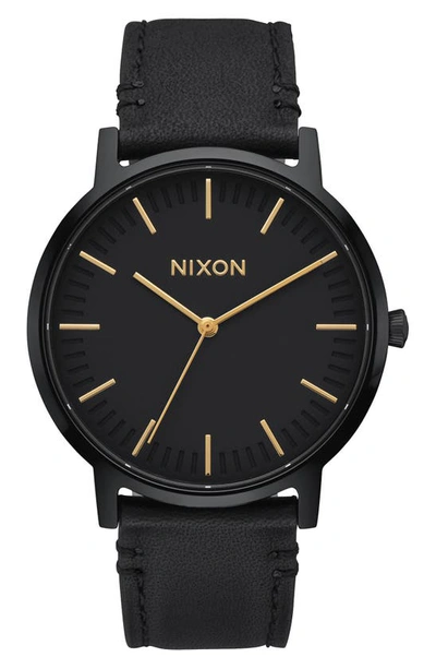 Nixon Men's Porter Leather Strap Watch 40mm In Black/ Gold