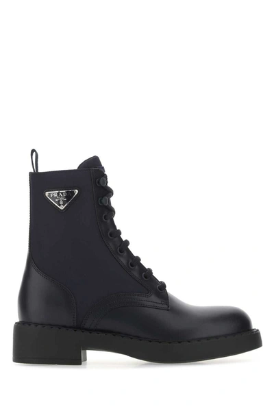 Prada Brushed-leather Ankle Boots In Blue