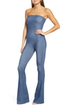 Naked Wardrobe Strapless Bootcut Stretch Cotton Jumpsuit In Denim